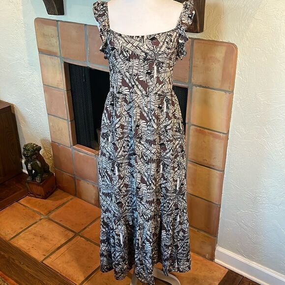 NAF NAF Brown and White Tropical Palm Print Midi/Maxi Dress, size S - Picture 1 of 11
